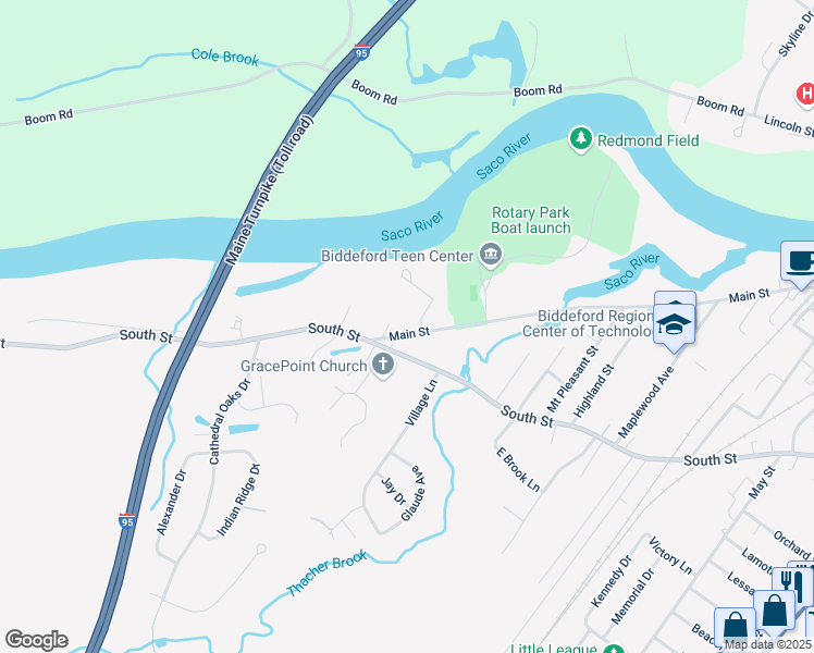 map of restaurants, bars, coffee shops, grocery stores, and more near 2 Parkview Court in Biddeford