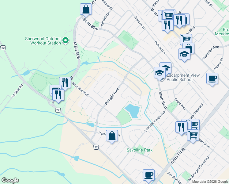 map of restaurants, bars, coffee shops, grocery stores, and more near 327 Pringle Avenue in Milton