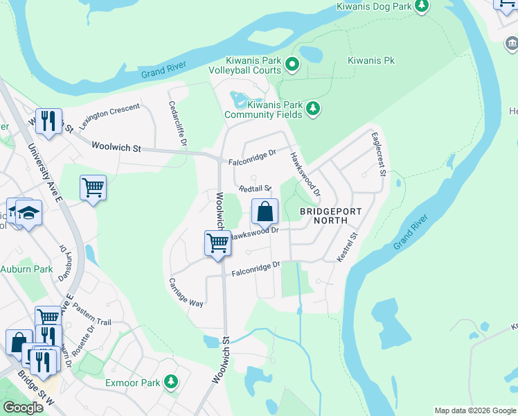 map of restaurants, bars, coffee shops, grocery stores, and more near 55 Redtail Street in Kitchener