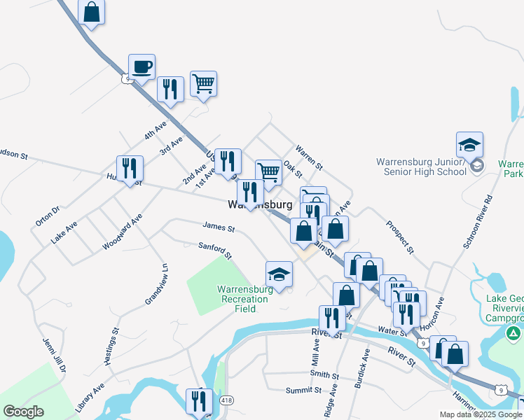 map of restaurants, bars, coffee shops, grocery stores, and more near 2 Hudson Street in Warrensburg