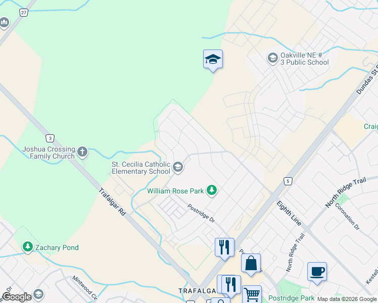 map of restaurants, bars, coffee shops, grocery stores, and more near 3151 Buttonbush Trail in Oakville