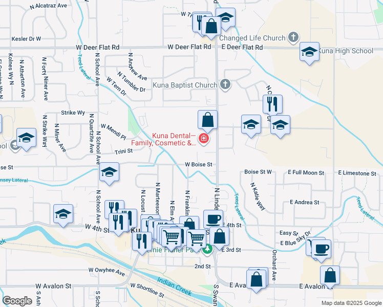 map of restaurants, bars, coffee shops, grocery stores, and more near 861 North White Barn Road in Kuna