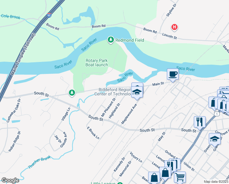 map of restaurants, bars, coffee shops, grocery stores, and more near 533 Main Street in Biddeford