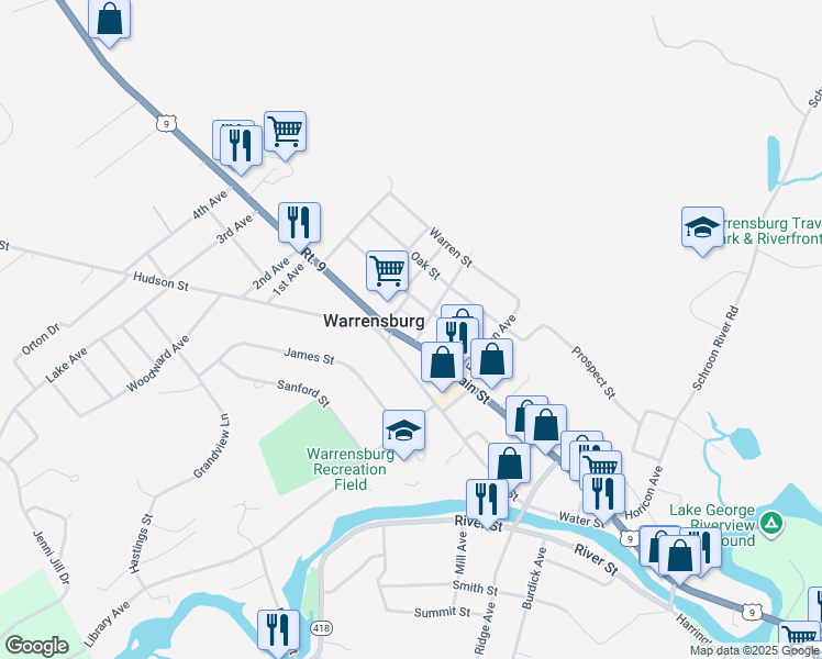 map of restaurants, bars, coffee shops, grocery stores, and more near 14 King Street in Warrensburg