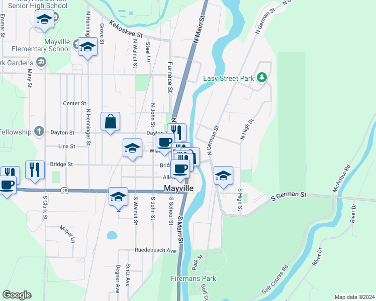 map of restaurants, bars, coffee shops, grocery stores, and more near 27 Burchard Avenue in Mayville