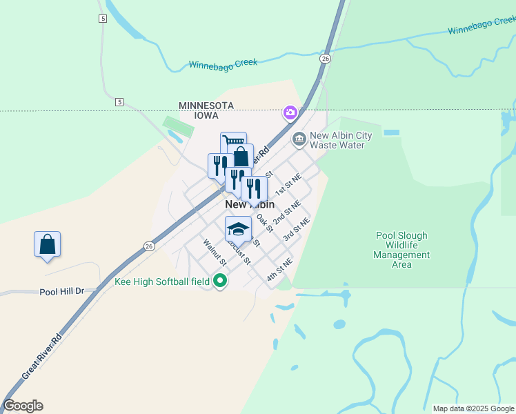 map of restaurants, bars, coffee shops, grocery stores, and more near in New Albin