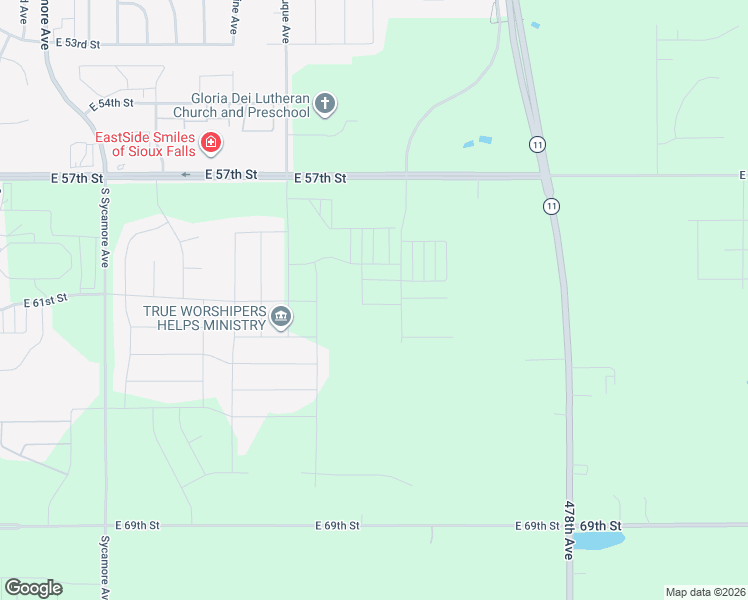 map of restaurants, bars, coffee shops, grocery stores, and more near 47765 East 57th Street in Sioux Falls