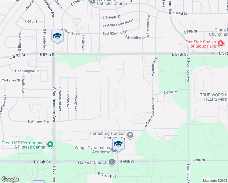 map of restaurants, bars, coffee shops, grocery stores, and more near South Eastwind Avenue in Sioux Falls