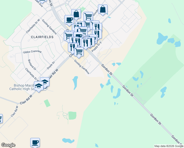 map of restaurants, bars, coffee shops, grocery stores, and more near 307 Gosling Gardens in Guelph