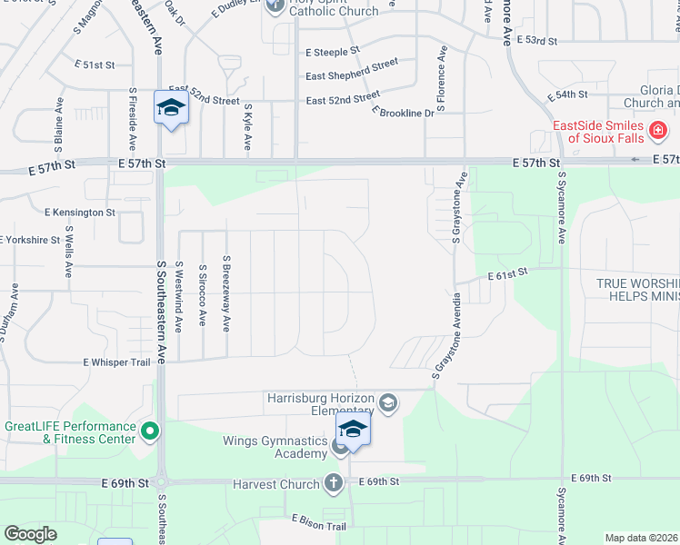 map of restaurants, bars, coffee shops, grocery stores, and more near South Eastwind Avenue in Sioux Falls