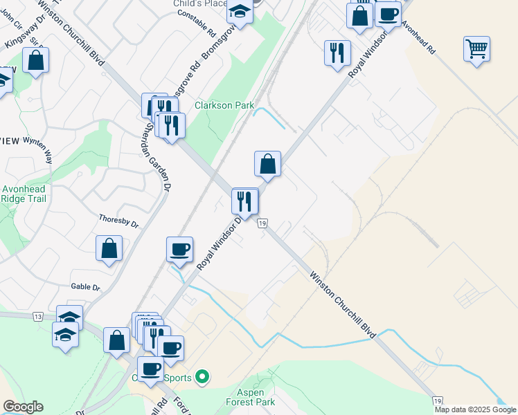 map of restaurants, bars, coffee shops, grocery stores, and more near 2700 Royal Windsor Drive in Mississauga
