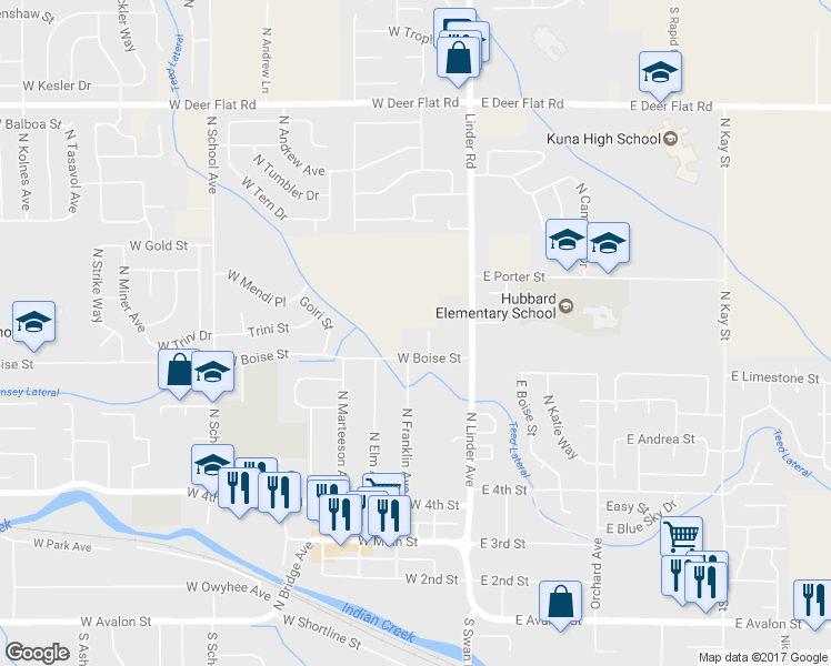 map of restaurants, bars, coffee shops, grocery stores, and more near 861 North White Barn Road in Kuna