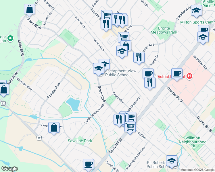 map of restaurants, bars, coffee shops, grocery stores, and more near 433 Lesage Crescent in Milton