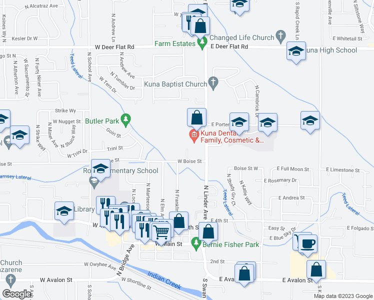 map of restaurants, bars, coffee shops, grocery stores, and more near 863 North White Barn Road in Kuna
