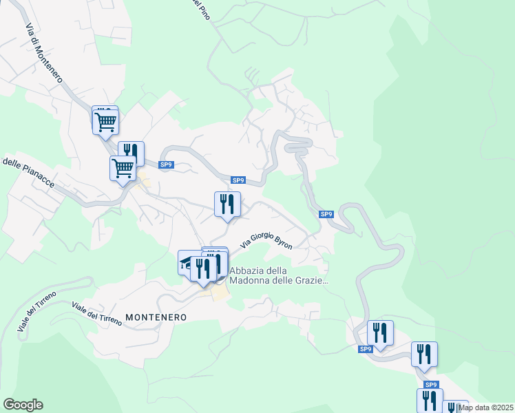 map of restaurants, bars, coffee shops, grocery stores, and more near 197 Via del Castellaccio in Livorno