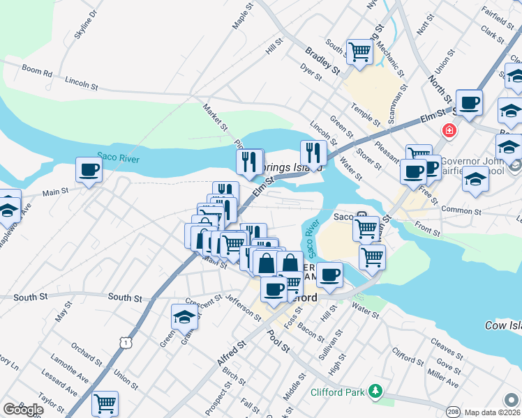 map of restaurants, bars, coffee shops, grocery stores, and more near 69 Elm Street in Biddeford