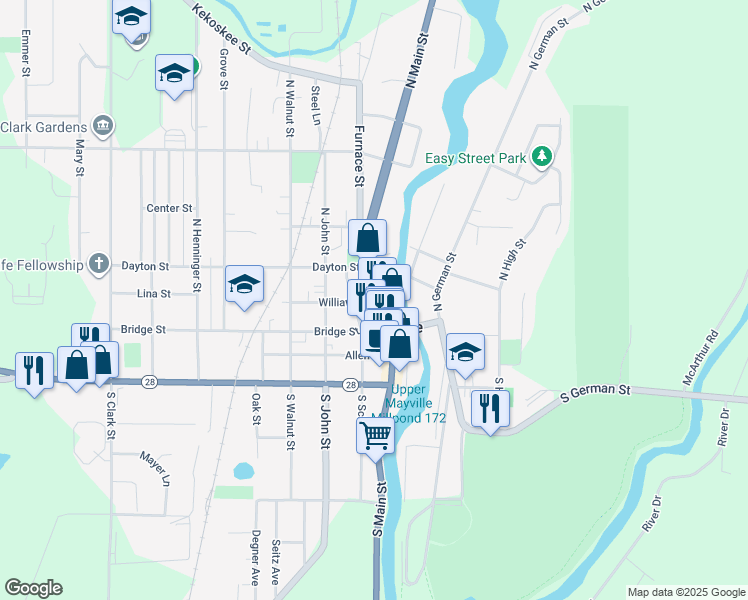 map of restaurants, bars, coffee shops, grocery stores, and more near 45 North Main Street in Mayville