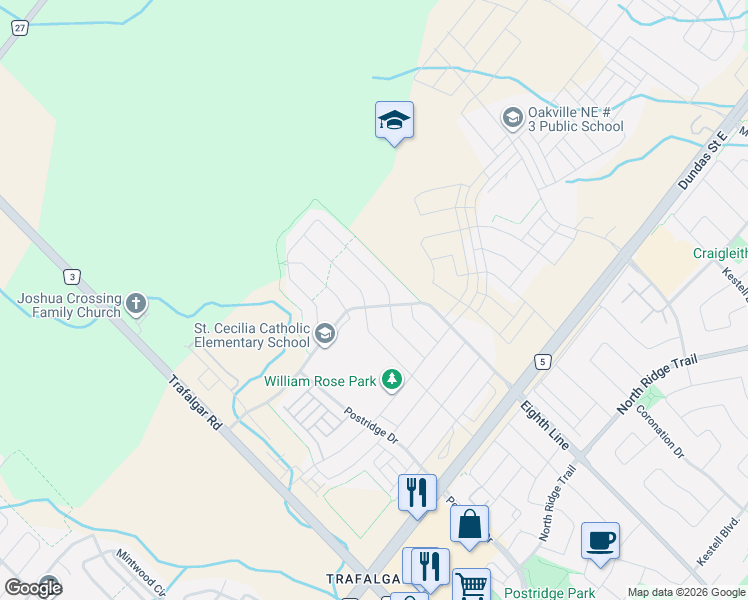 map of restaurants, bars, coffee shops, grocery stores, and more near 469 Threshing Mill Boulevard in Oakville