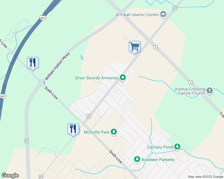 map of restaurants, bars, coffee shops, grocery stores, and more near 120 Burnhamthorpe Road East in Oakville
