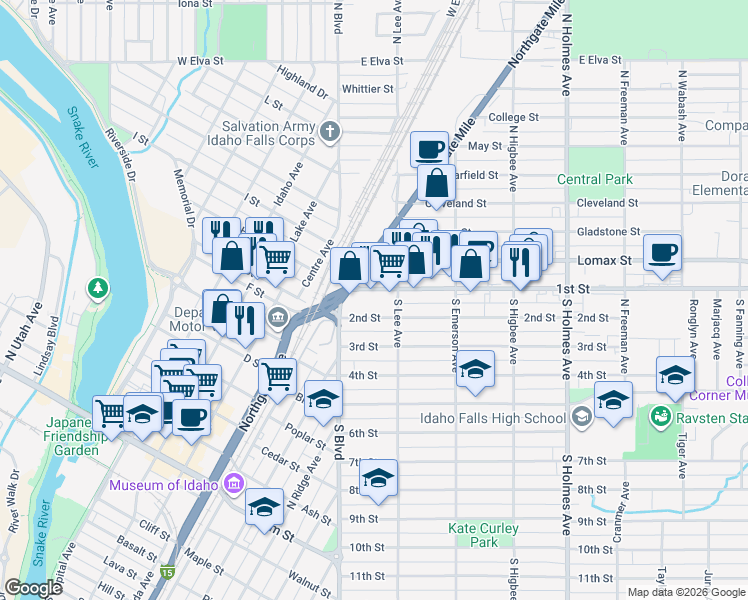 map of restaurants, bars, coffee shops, grocery stores, and more near 160 1st Street in Idaho Falls