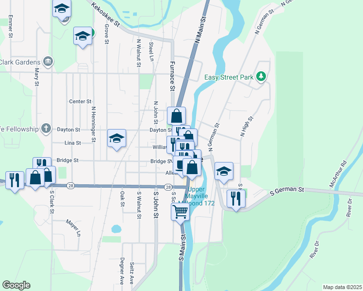 map of restaurants, bars, coffee shops, grocery stores, and more near 45 North Main Street in Mayville
