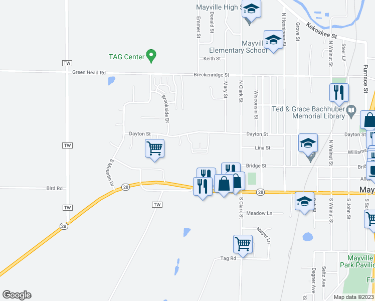 map of restaurants, bars, coffee shops, grocery stores, and more near 1391 Dayton Street in Mayville