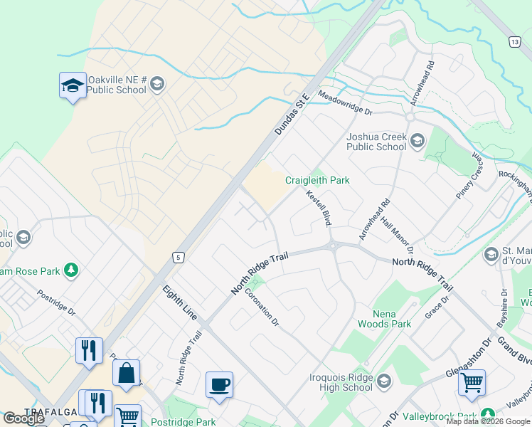 map of restaurants, bars, coffee shops, grocery stores, and more near Prince Michael Drive in Oakville