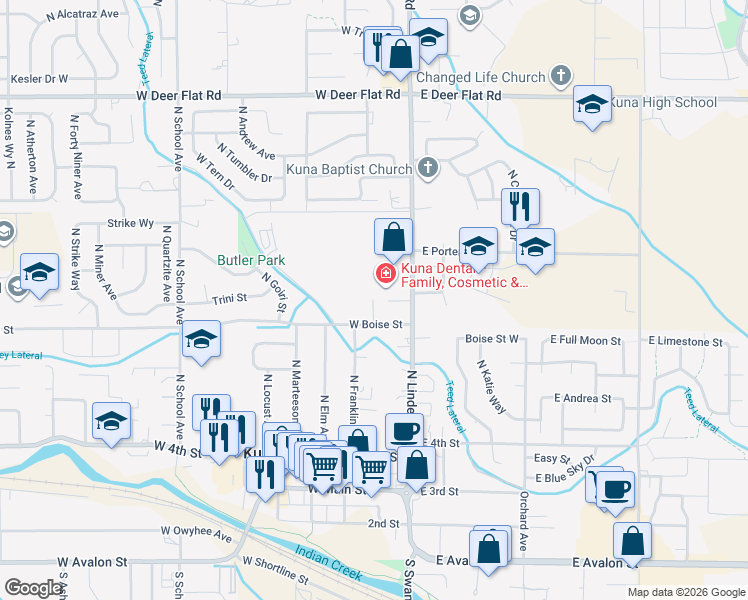 map of restaurants, bars, coffee shops, grocery stores, and more near 877 North White Barn Road in Kuna