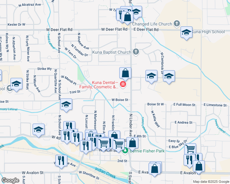 map of restaurants, bars, coffee shops, grocery stores, and more near 861 North White Barn Road in Kuna