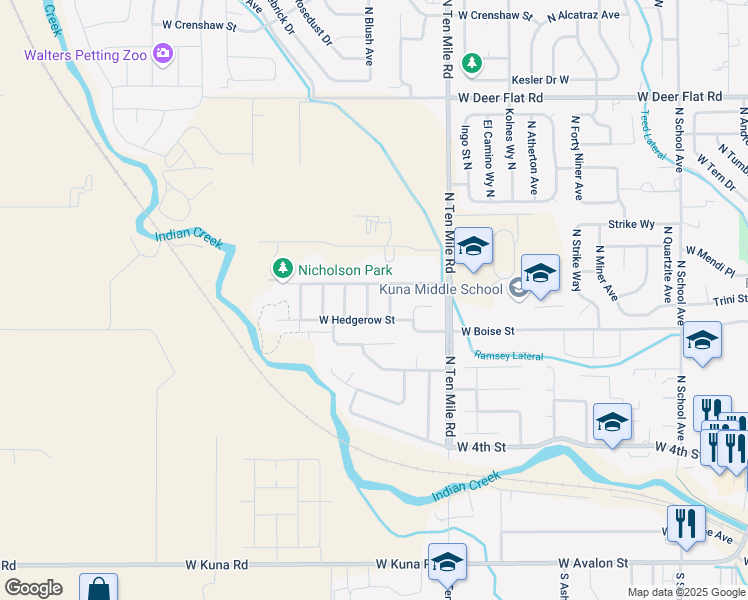 map of restaurants, bars, coffee shops, grocery stores, and more near 915 North Windflower Avenue in Kuna