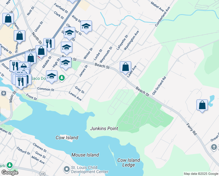 map of restaurants, bars, coffee shops, grocery stores, and more near 19 Hall Avenue in Saco