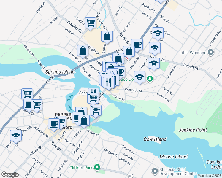 map of restaurants, bars, coffee shops, grocery stores, and more near 209 Main Street in Saco