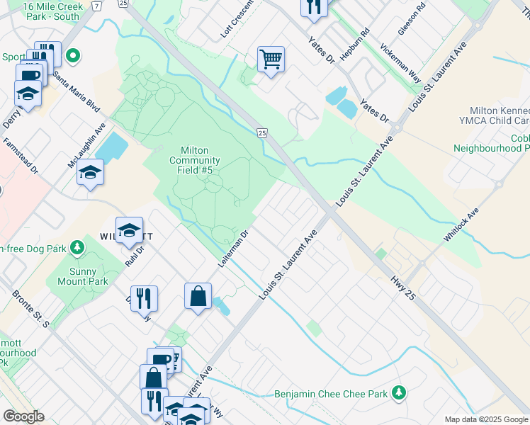 map of restaurants, bars, coffee shops, grocery stores, and more near 533 Attenborough Terrace in Milton