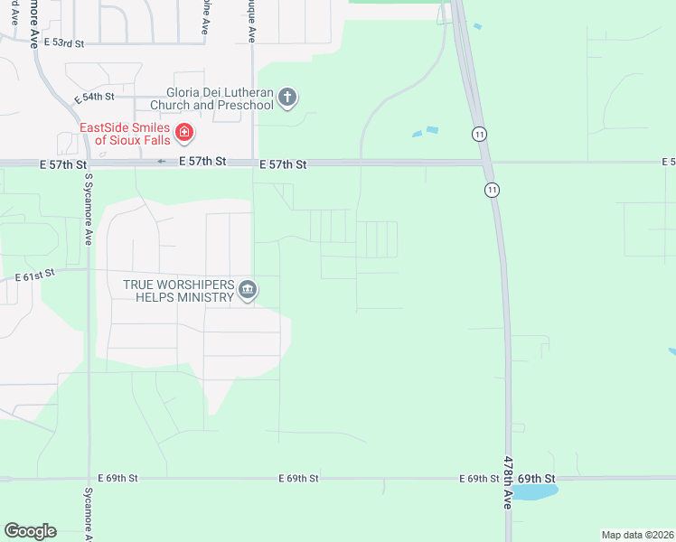 map of restaurants, bars, coffee shops, grocery stores, and more near 47765 East 57th Street in Sioux Falls