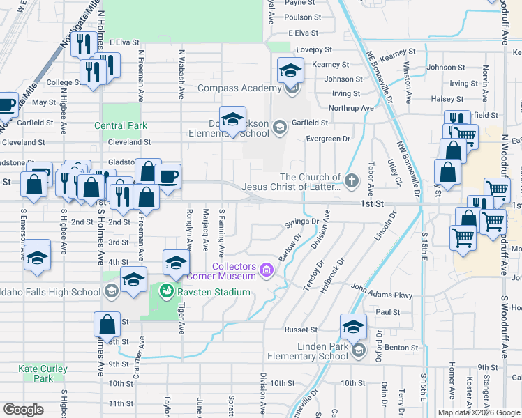 map of restaurants, bars, coffee shops, grocery stores, and more near 901-903 1st Street in Idaho Falls