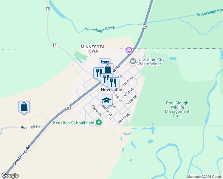 map of restaurants, bars, coffee shops, grocery stores, and more near in New Albin