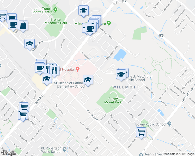 map of restaurants, bars, coffee shops, grocery stores, and more near 839 Miltonbrook Crescent in Milton