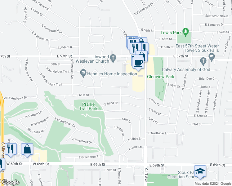 map of restaurants, bars, coffee shops, grocery stores, and more near 916 East 61st Street in Sioux Falls