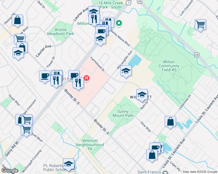 map of restaurants, bars, coffee shops, grocery stores, and more near 839 Miltonbrook Crescent in Milton