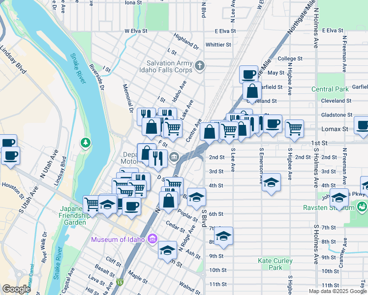 map of restaurants, bars, coffee shops, grocery stores, and more near 1000 Centre Avenue in Idaho Falls
