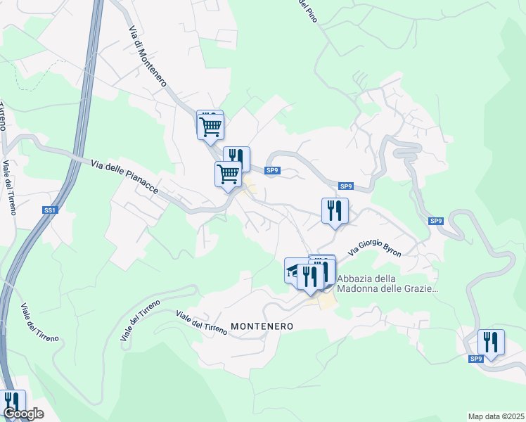 map of restaurants, bars, coffee shops, grocery stores, and more near 19 Via di Montenero in Livorno