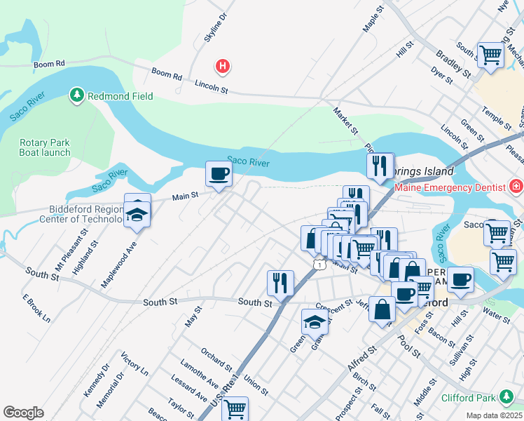 map of restaurants, bars, coffee shops, grocery stores, and more near Main Street in Biddeford