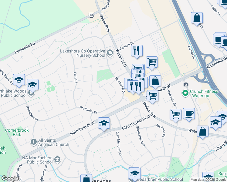 map of restaurants, bars, coffee shops, grocery stores, and more near 164 White Pine Crescent in Waterloo