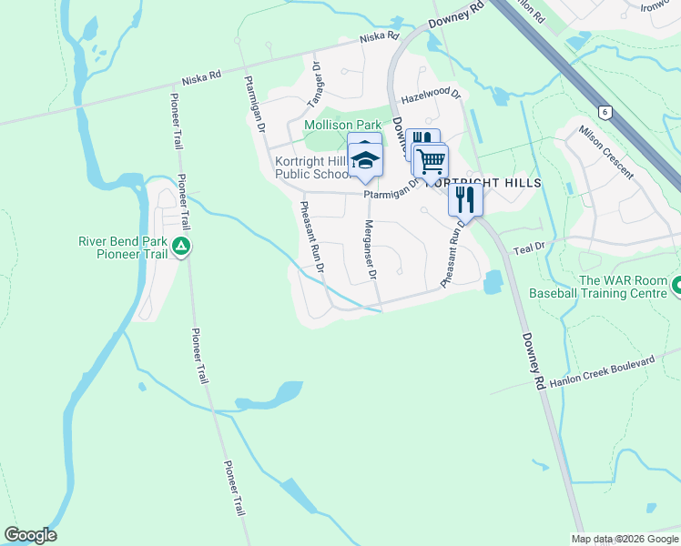 map of restaurants, bars, coffee shops, grocery stores, and more near 22 Sandpiper Drive in Guelph