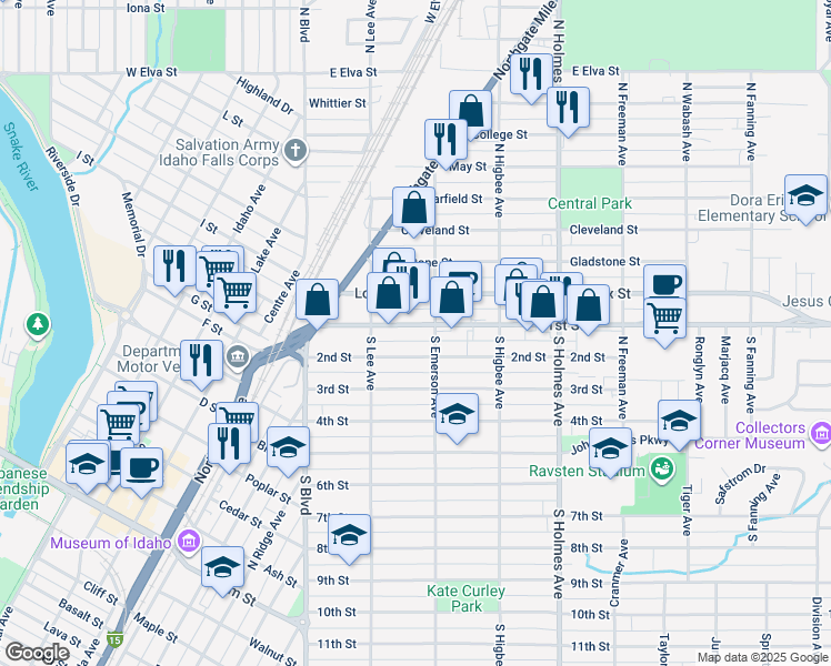 map of restaurants, bars, coffee shops, grocery stores, and more near 285 1st Street in Idaho Falls