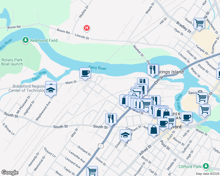 map of restaurants, bars, coffee shops, grocery stores, and more near 3 Harvey Street in Biddeford
