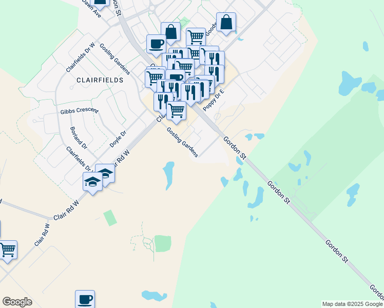 map of restaurants, bars, coffee shops, grocery stores, and more near 293 Gosling Gardens in Guelph