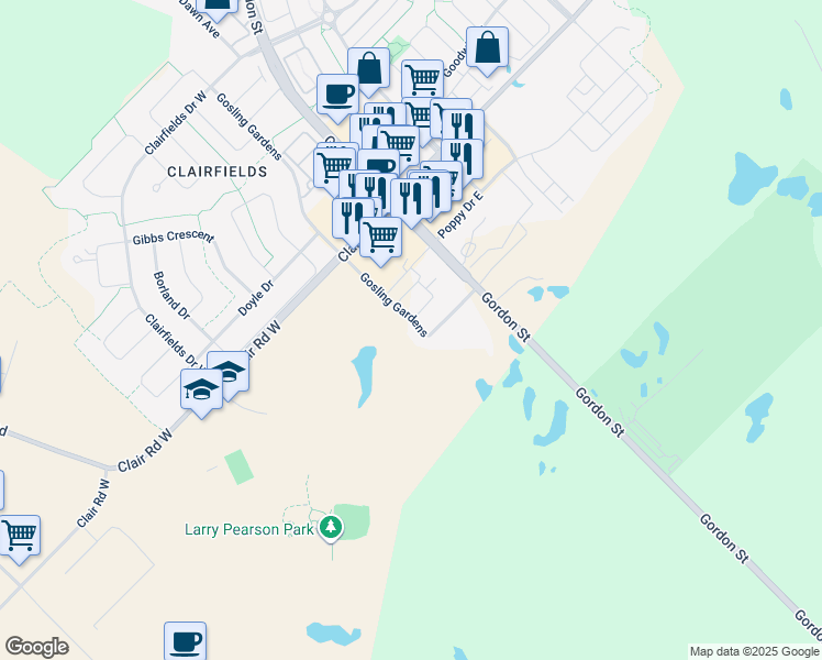 map of restaurants, bars, coffee shops, grocery stores, and more near 293 Gosling Gardens in Guelph