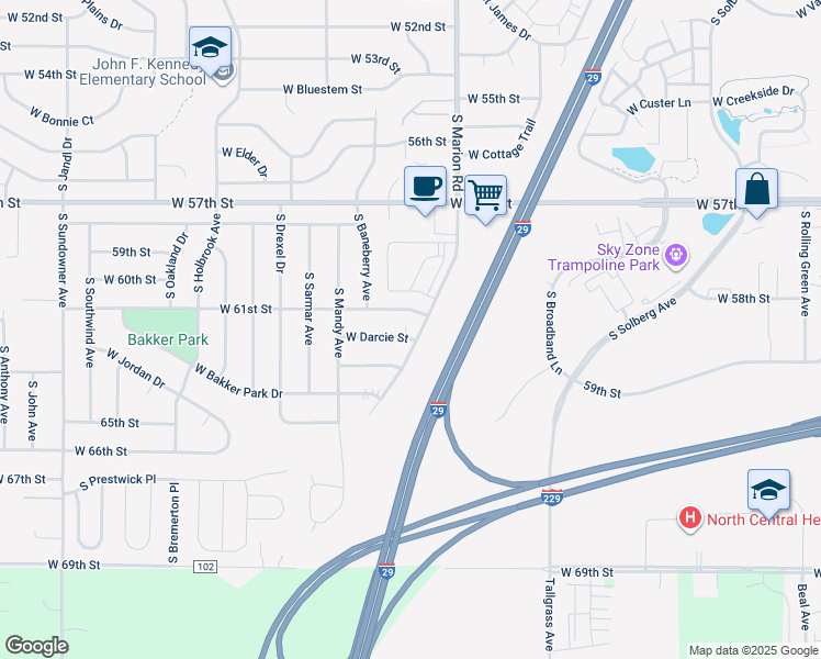 map of restaurants, bars, coffee shops, grocery stores, and more near 5401 West 61st Street in Sioux Falls