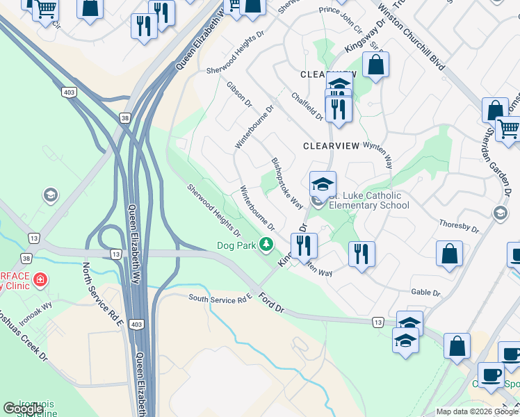 map of restaurants, bars, coffee shops, grocery stores, and more near 1279 Winterbourne Drive in Oakville